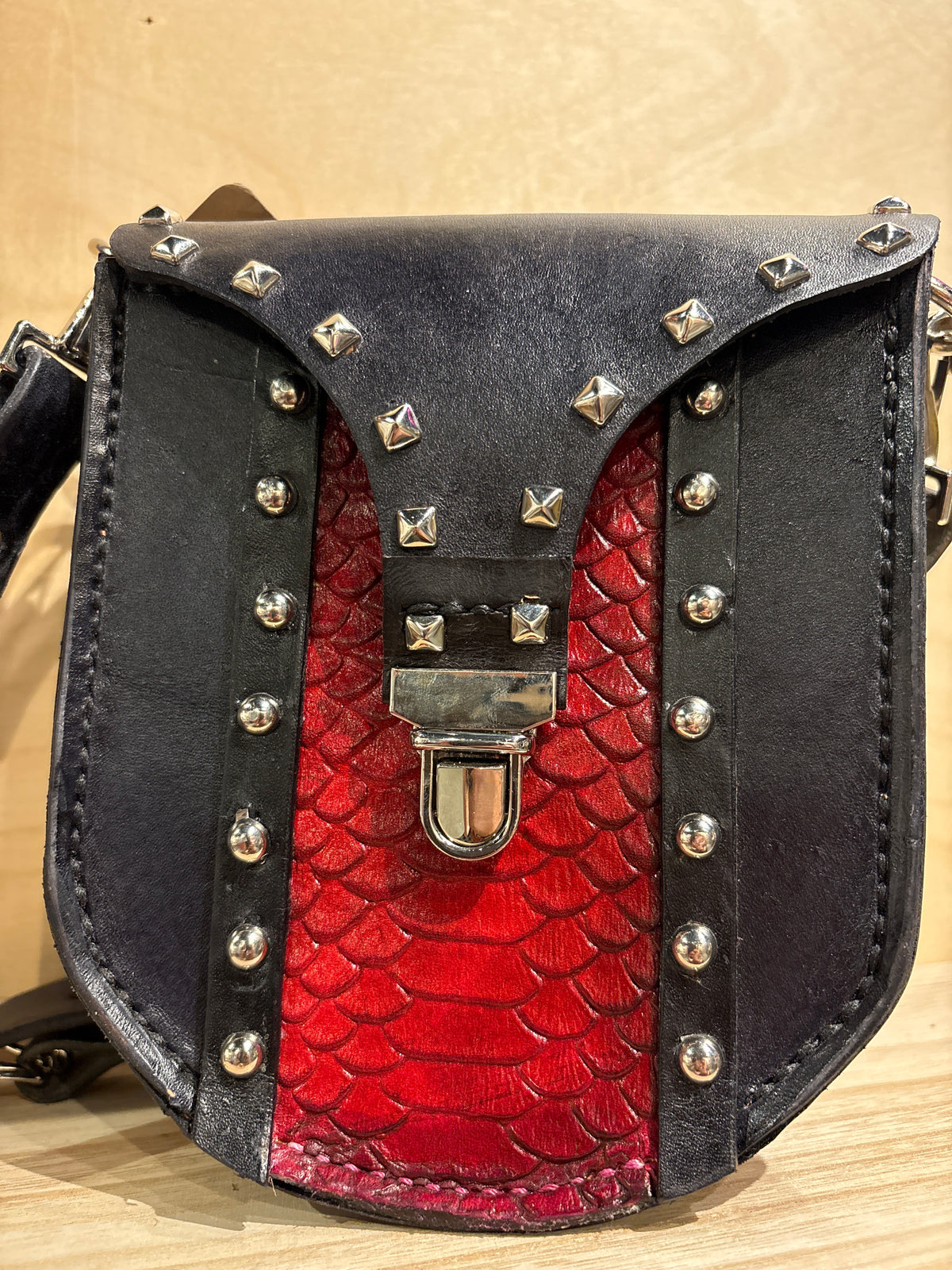 Studded Black and Red Cross Body Bag
