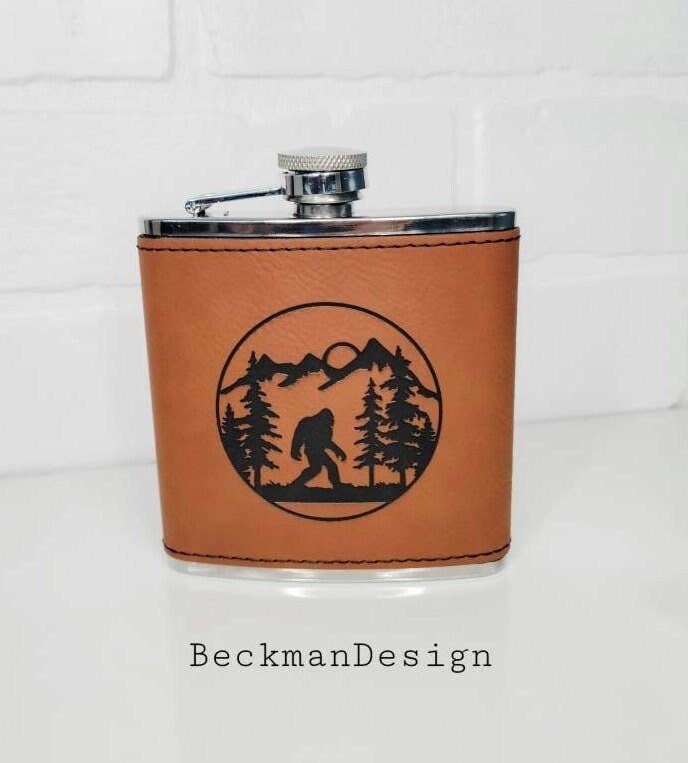 Flask- Bigfoot In Forest: Leather / Brown