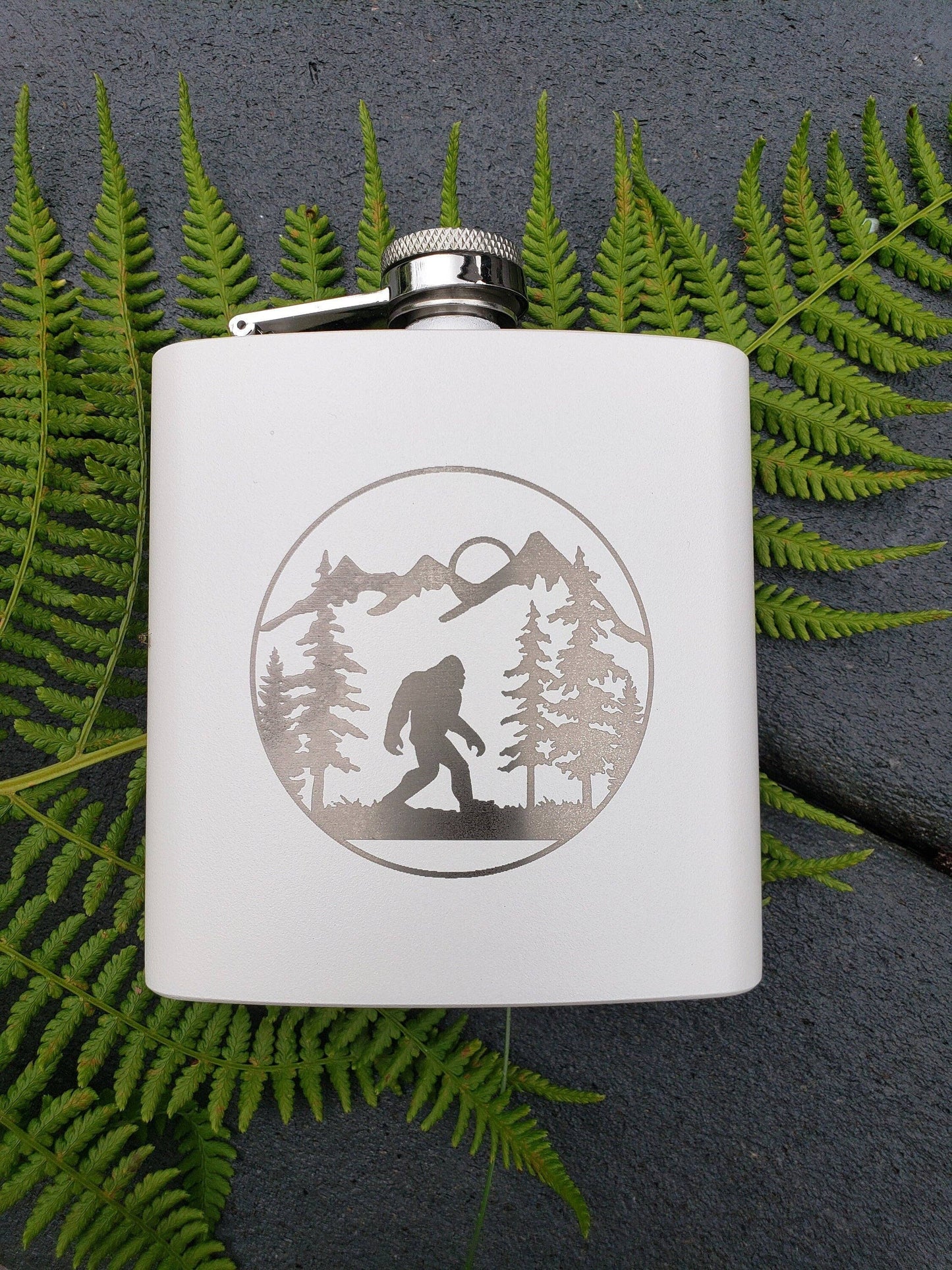 Flask- Bigfoot In Forest: Leather / Brown