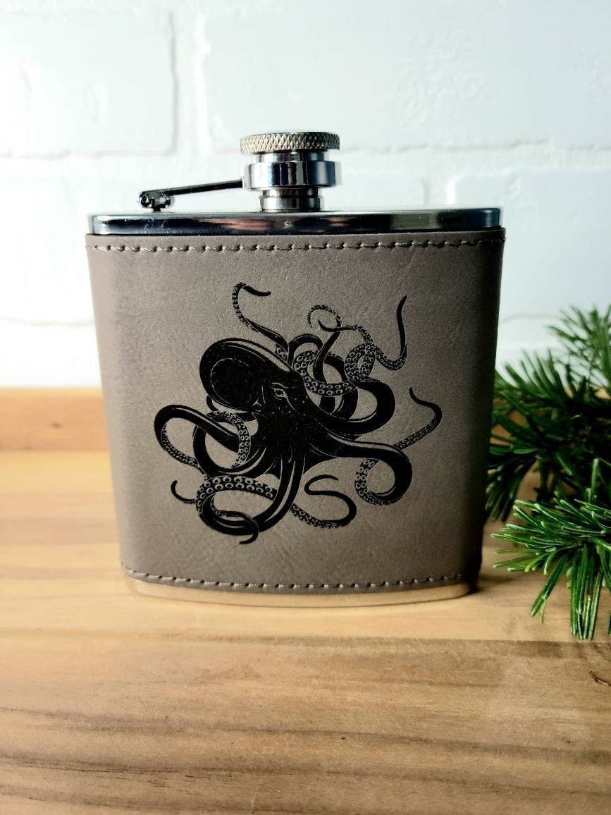 Flask- Octopus Kraken: Leather / Gray