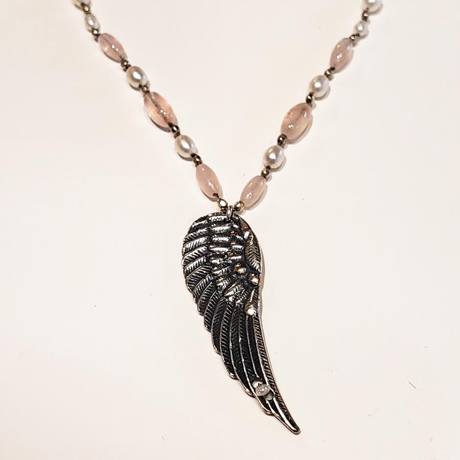 Rose Quartz Pearl with Wing Necklace