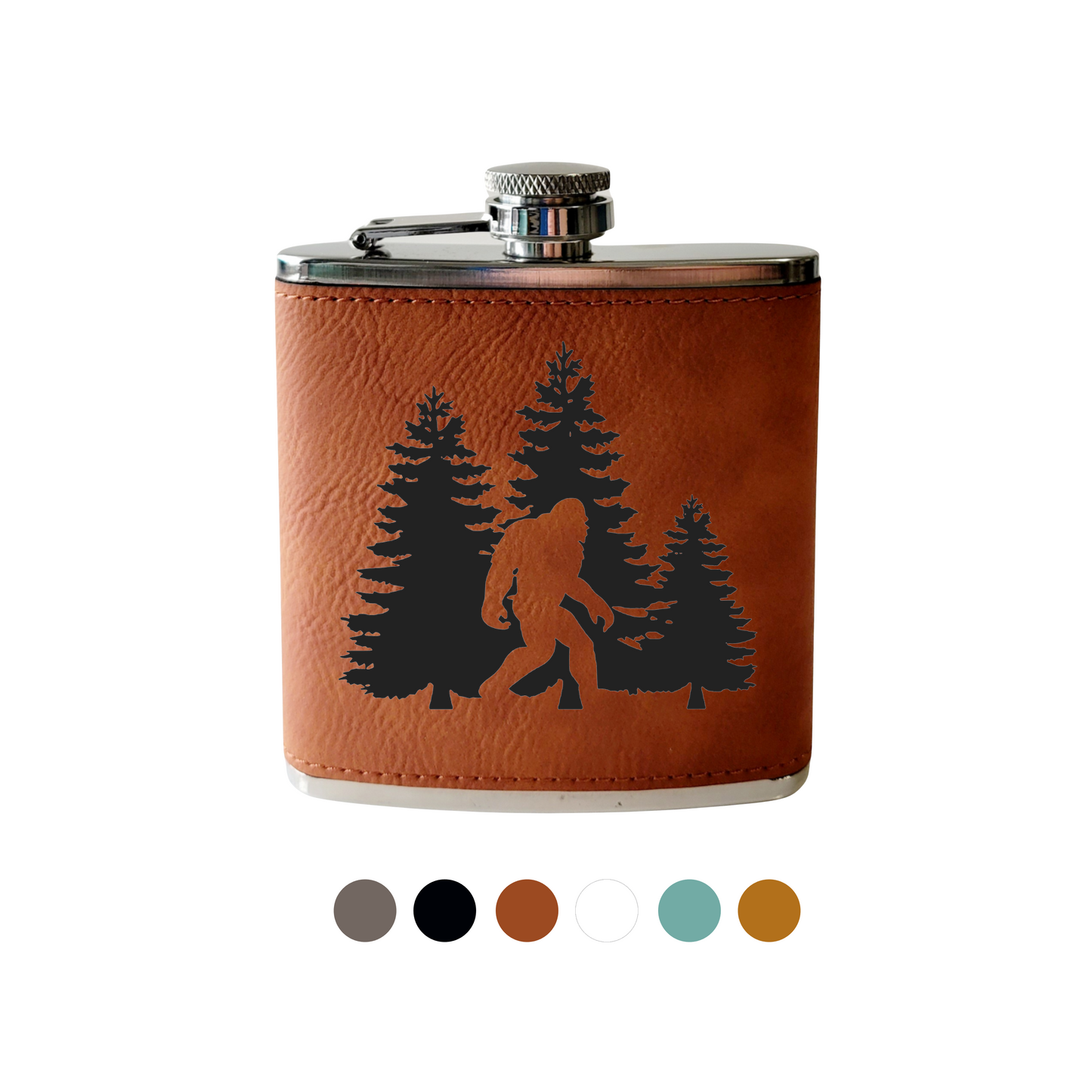 Flask- Bigfoot with Trees: Leather / Brown