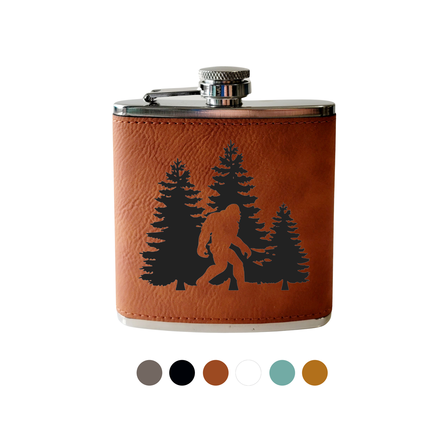 Flask- Bigfoot with Trees: Leather / Wood Grain