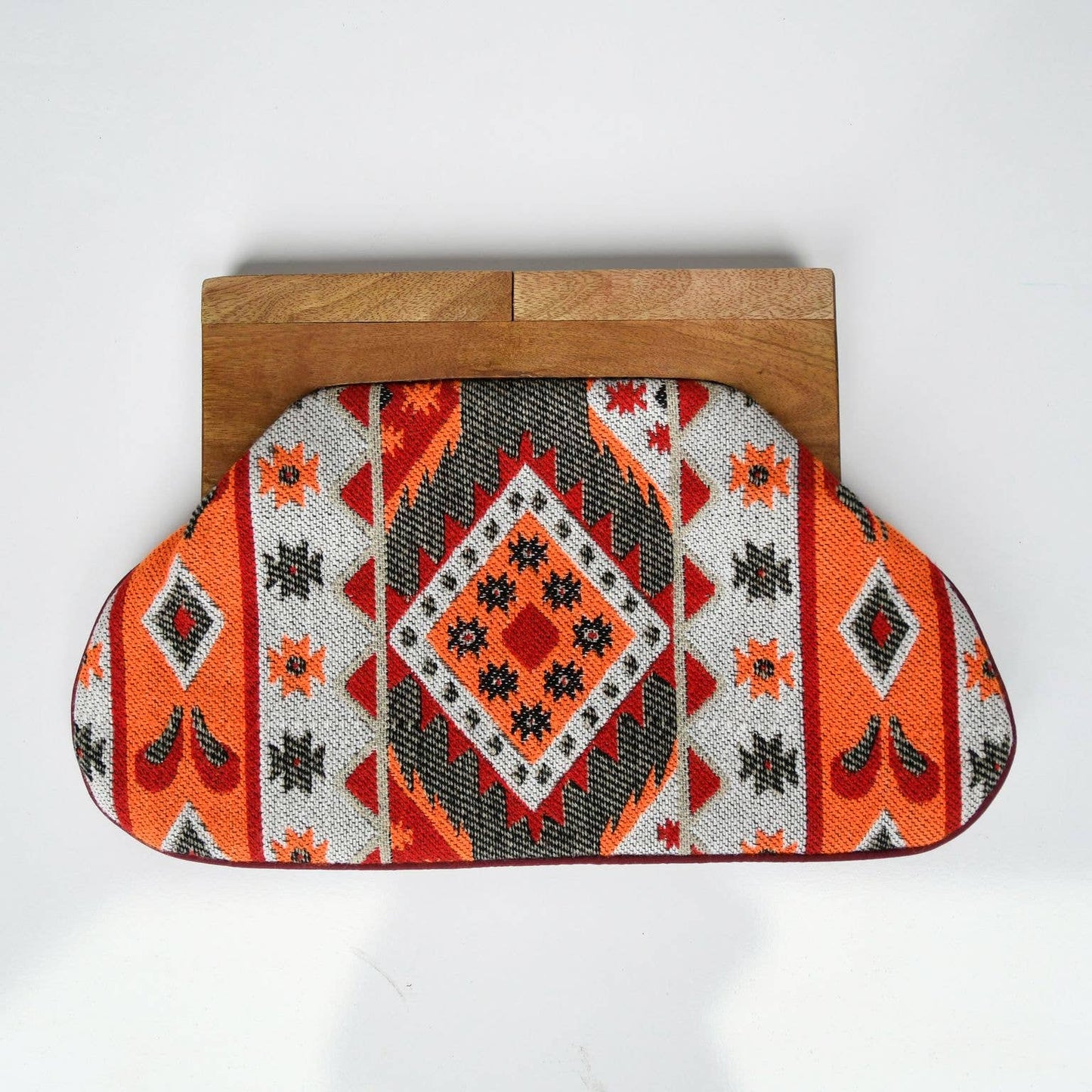 Grey Orange Diamond Stripe Wooden Handle Clutch