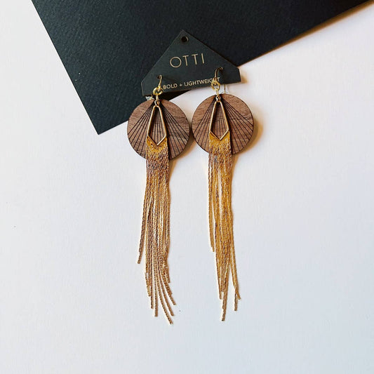 18K Gold Glamour Fringe earring: WALNUT real wood detail