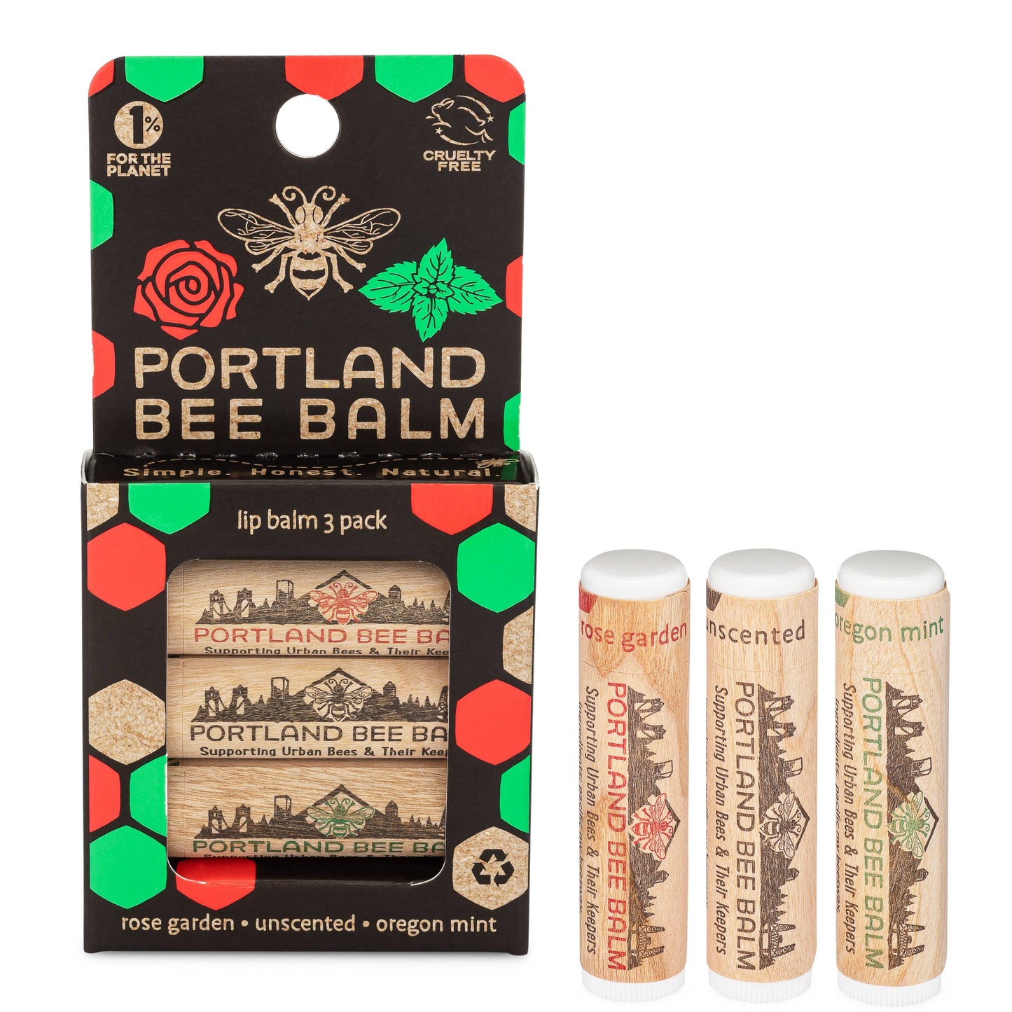 Beeswax Lip Balm 3-Pack (Oregon Mint, Rose, Unscented)