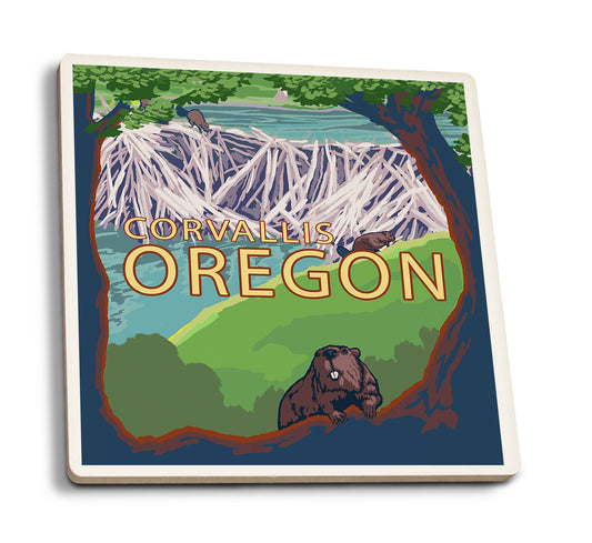 CERAMIC COASTER Corvallis, Oregon, Beaver Family, Spring