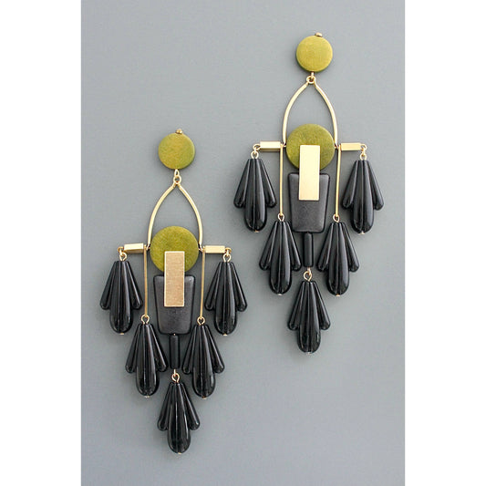 Chandelier Art Deco black and green shoulder duster post earrings