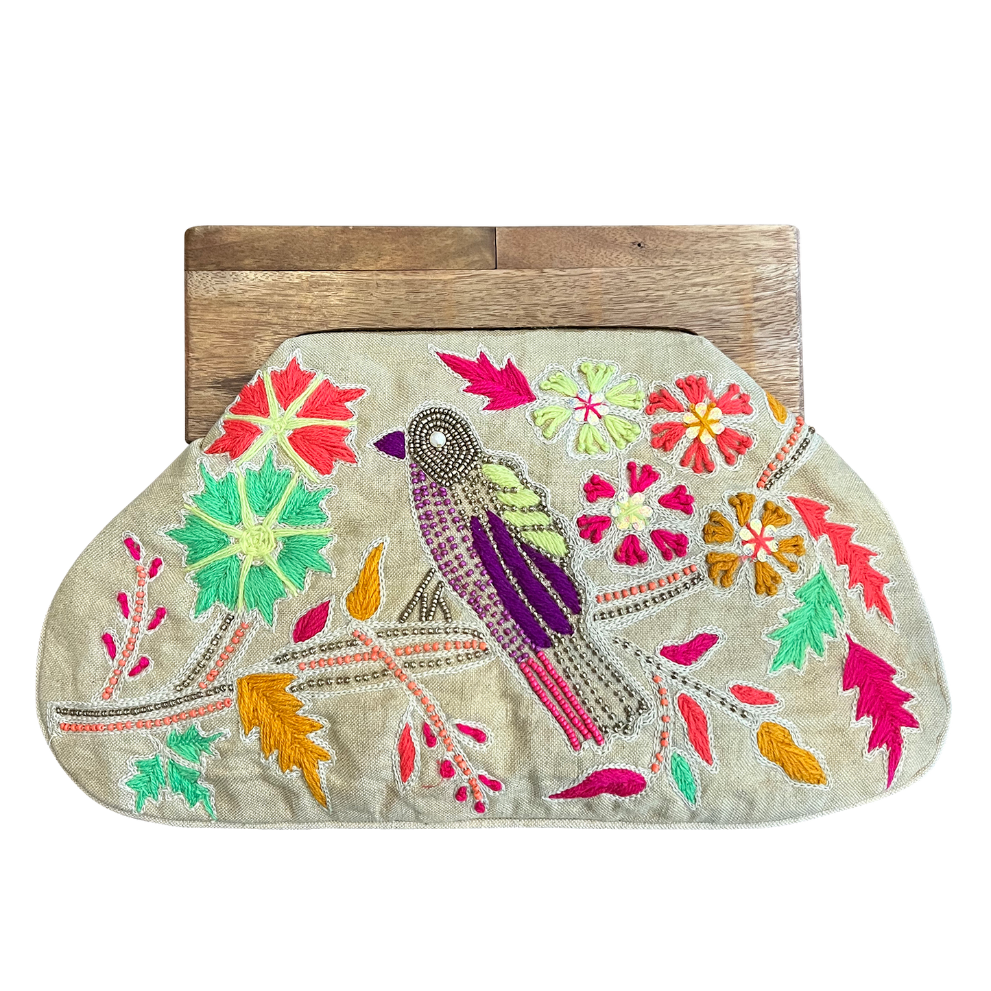 Embroidered Floral Bird Clutch with Wooden Handle (DR9703)