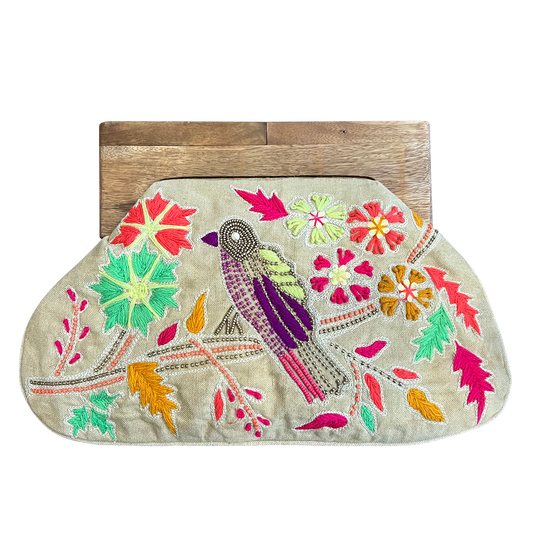 Embroidered Floral Bird Clutch with Wooden Handle (DR9703)