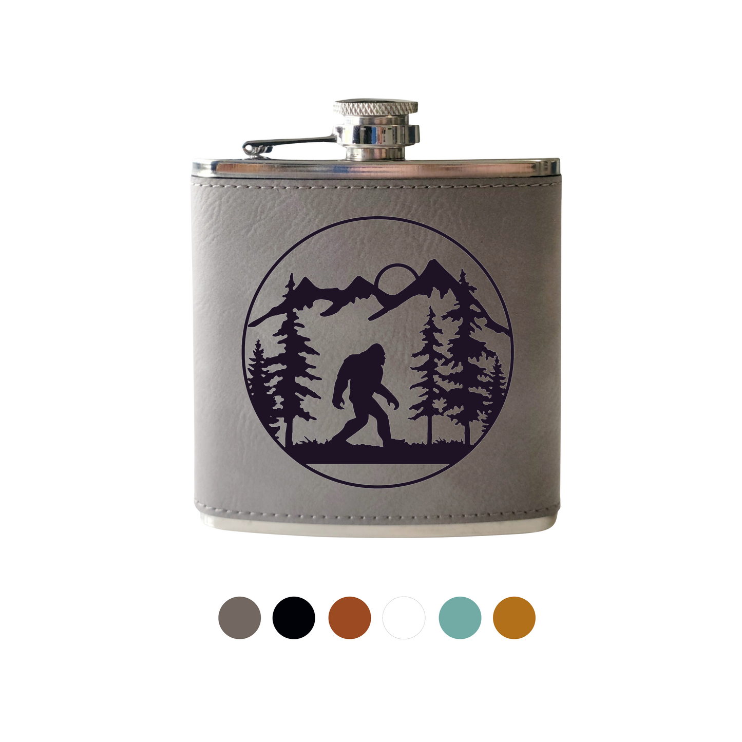 Flask- Bigfoot In Forest: Leather / Brown