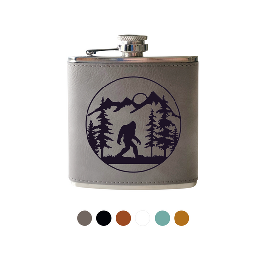 Flask- Bigfoot In Forest: Leather / Brown