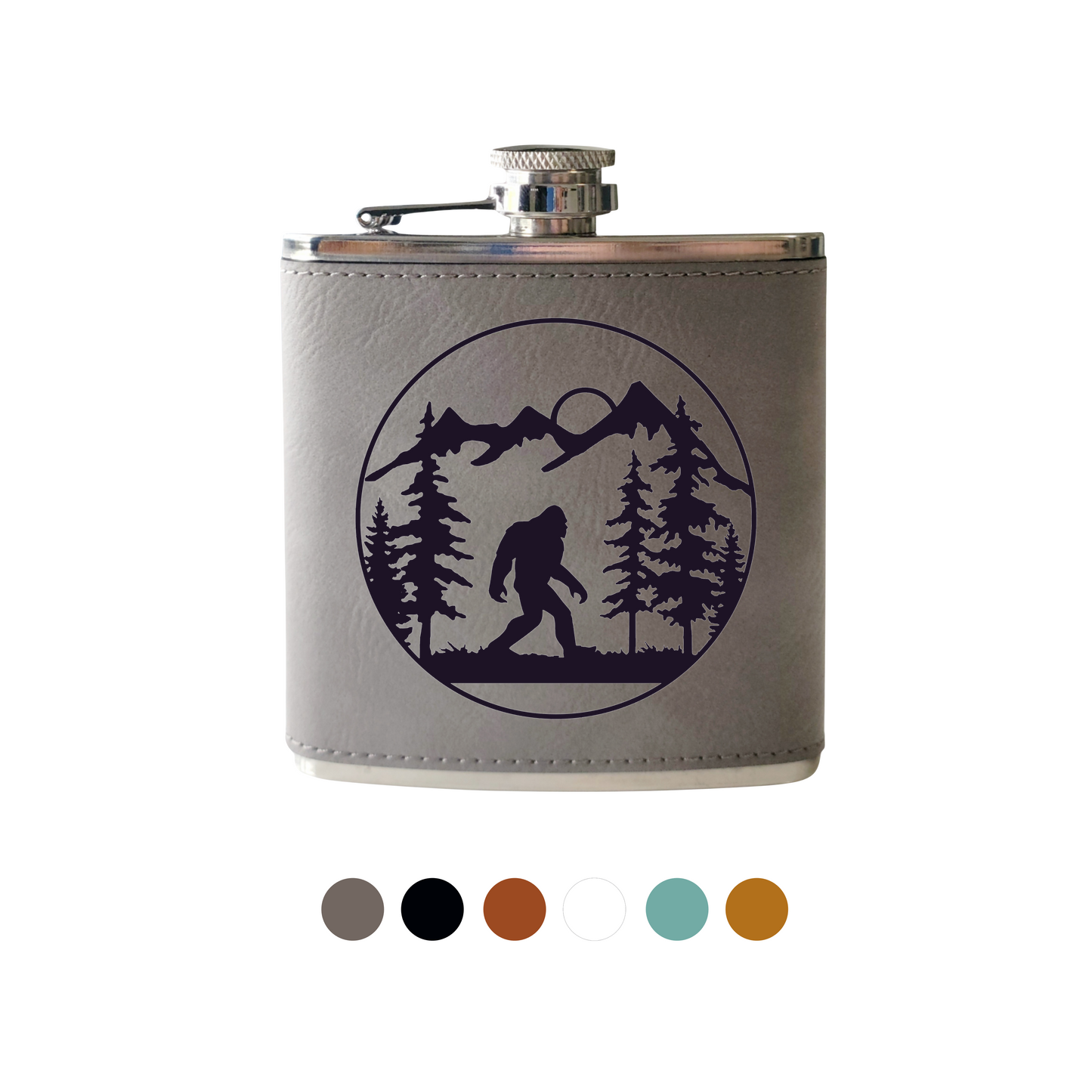Flask- Bigfoot In Forest: Leather / Gray