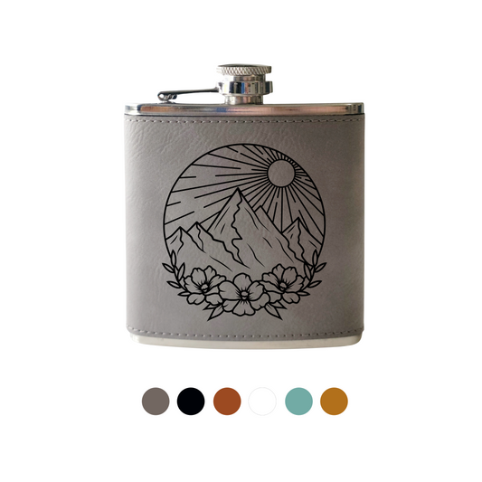 Flask-  Floral Mountain Flask: Leather / Gray