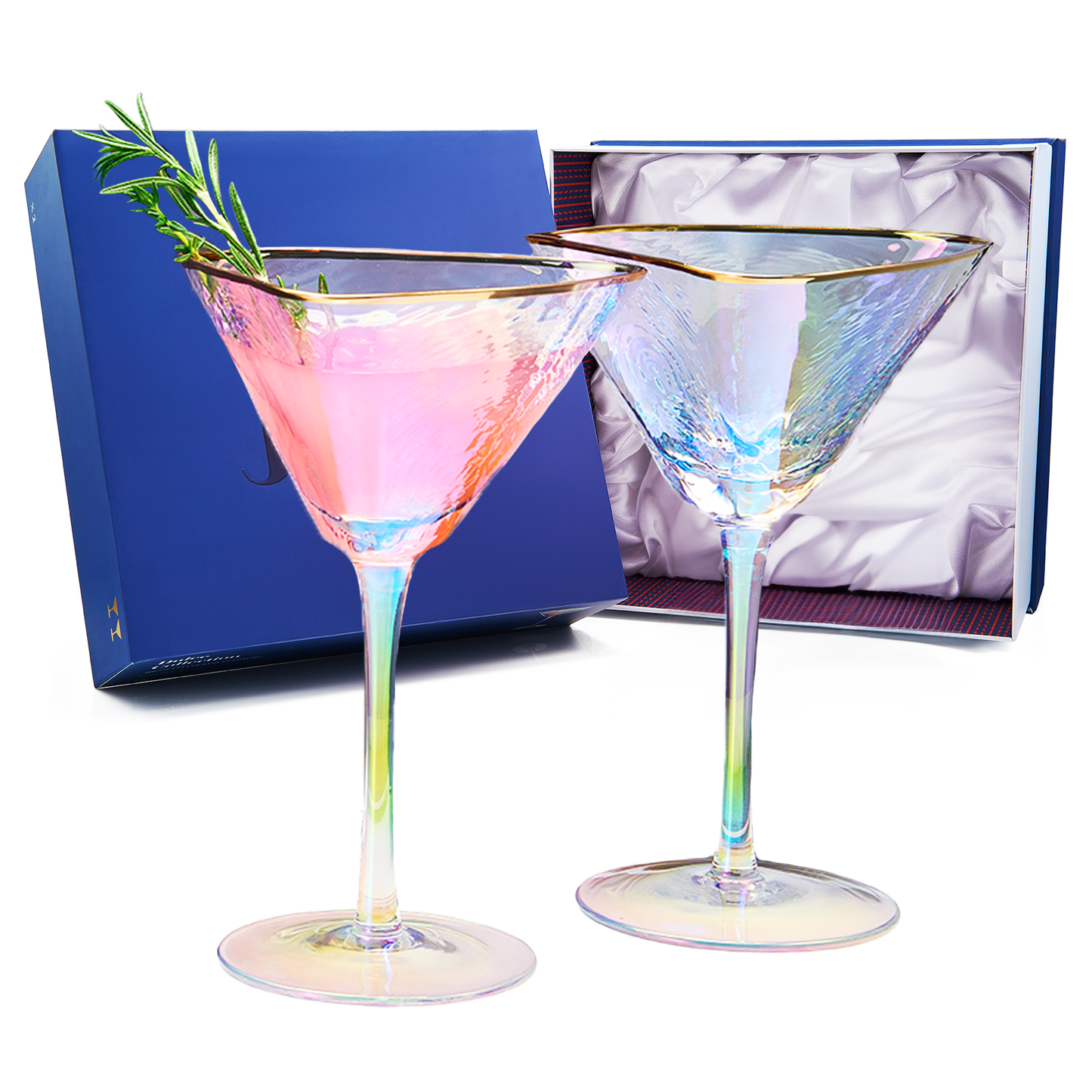 Iridescent Hammered Martini Glasses - Gold Rim 8oz