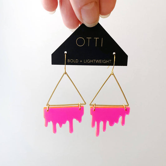 Dripping "Slime" Acrylic Triangle Earrings: Fluorescent Pink